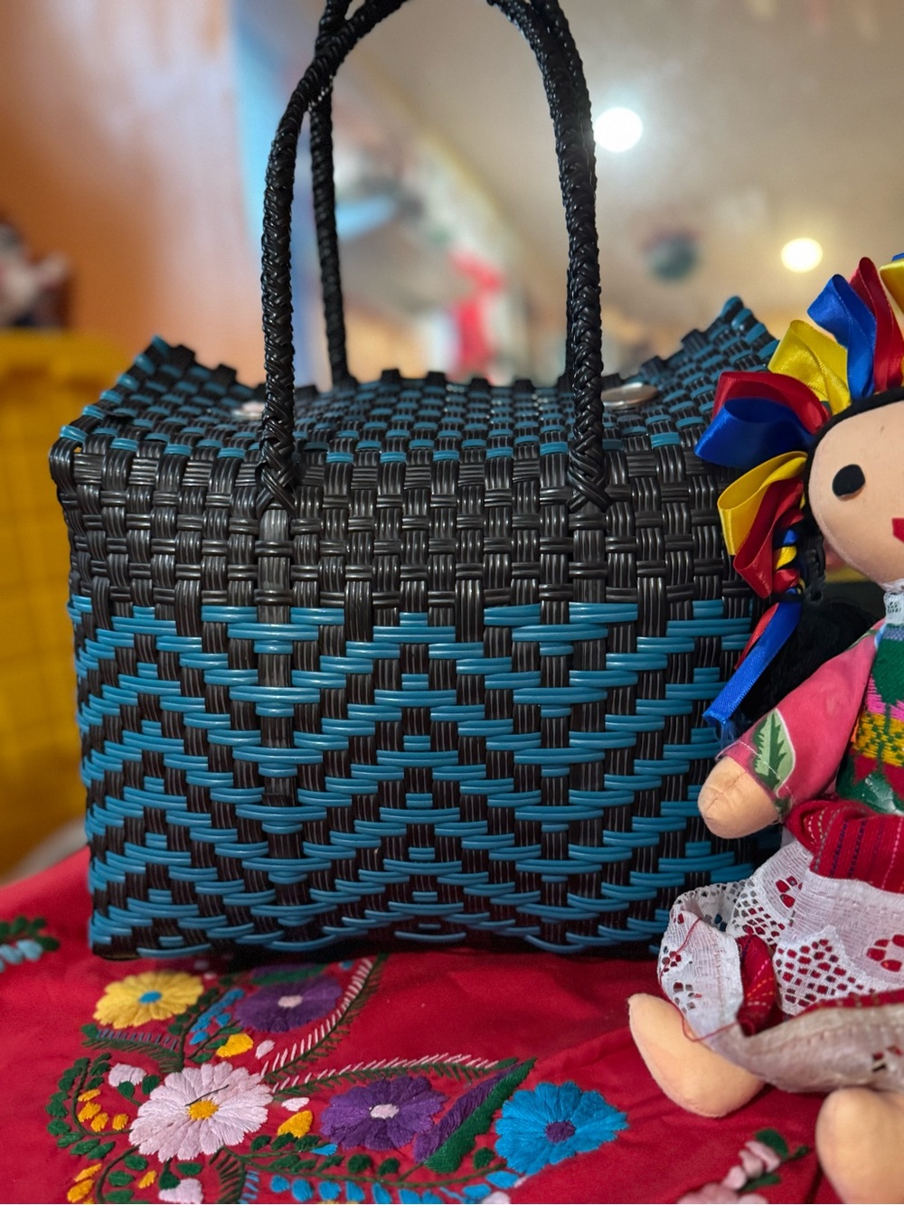 Woven Two-Tone Blue and Black Tote Bag